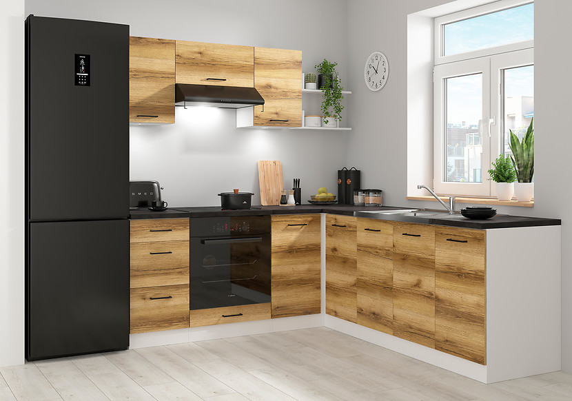Komplet kuchenny narożny Junona Line 200x220 dąb delano jasny z blatem