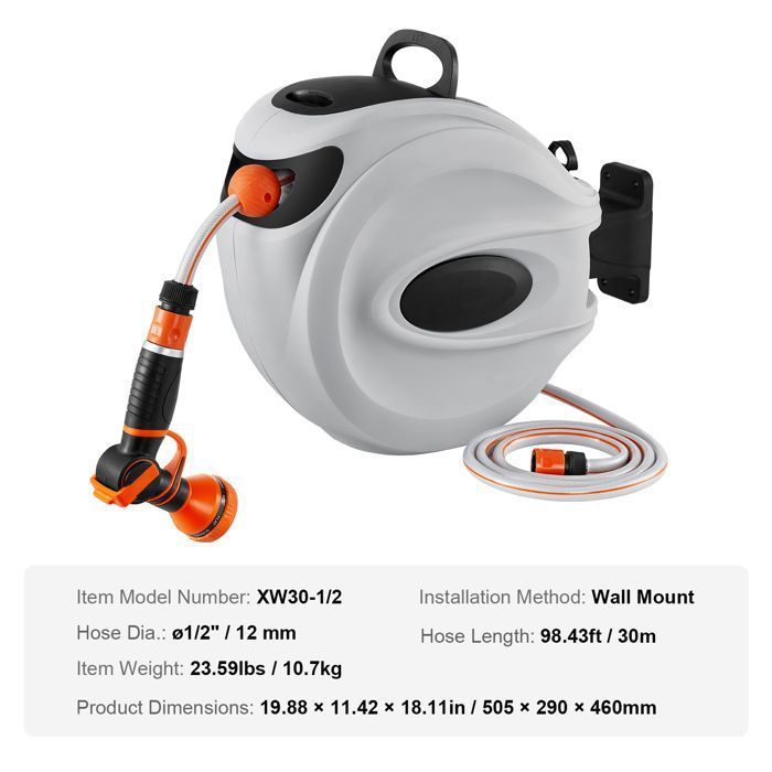 Enrouleur de Tuyau d'Arrosage - DUOKU - XW30 - 30 m - Fixation Murale - Buse 9 Motifs