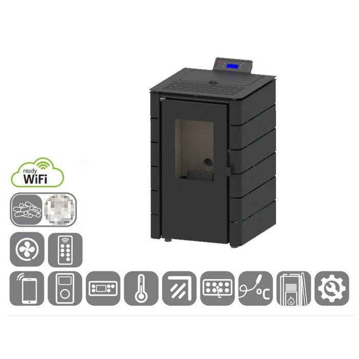 Estufa de pellets Europa negra de 6,1 kW con Wi-Fi, etiqueta Flamme Verte, clase energética A+, Solzaima