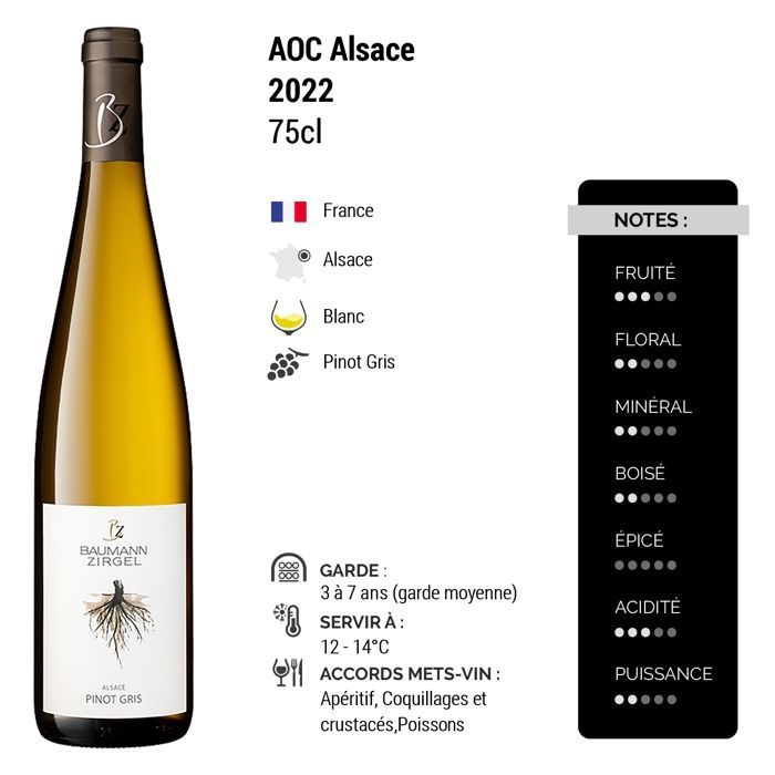 Domaine Baumann-Zirgel Alsace Pinot Gris 2022 - Vino bianco dell'Alsazia (3x75cl)