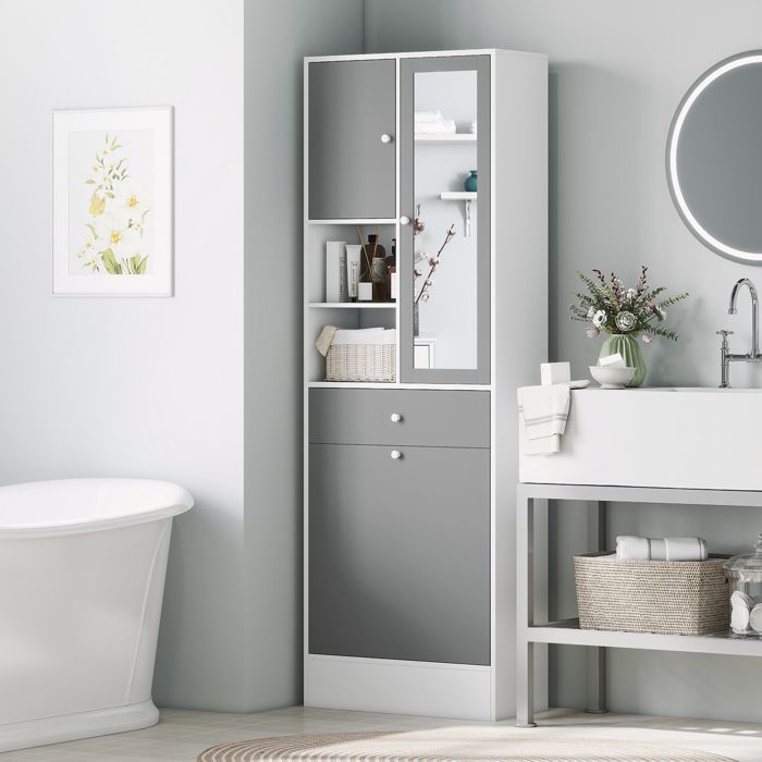 Mueble de baño - HOMCOM - cesto de ropa y espejo - estante ajustable - 62 x 28,3 x 181 cm - gris y blanco