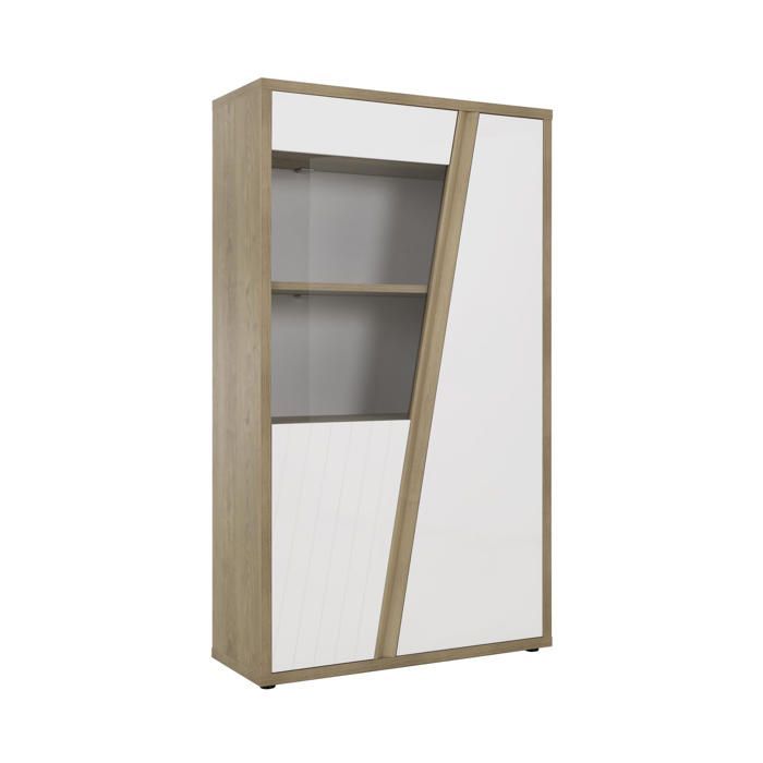 Vaisselier 2 portes blanc brillant & effet bois chêne design épuré