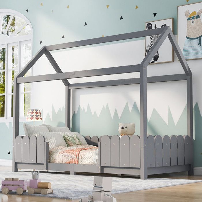 Lit enfant - Maison - Bois massif - Gris - Protection contre les chutes