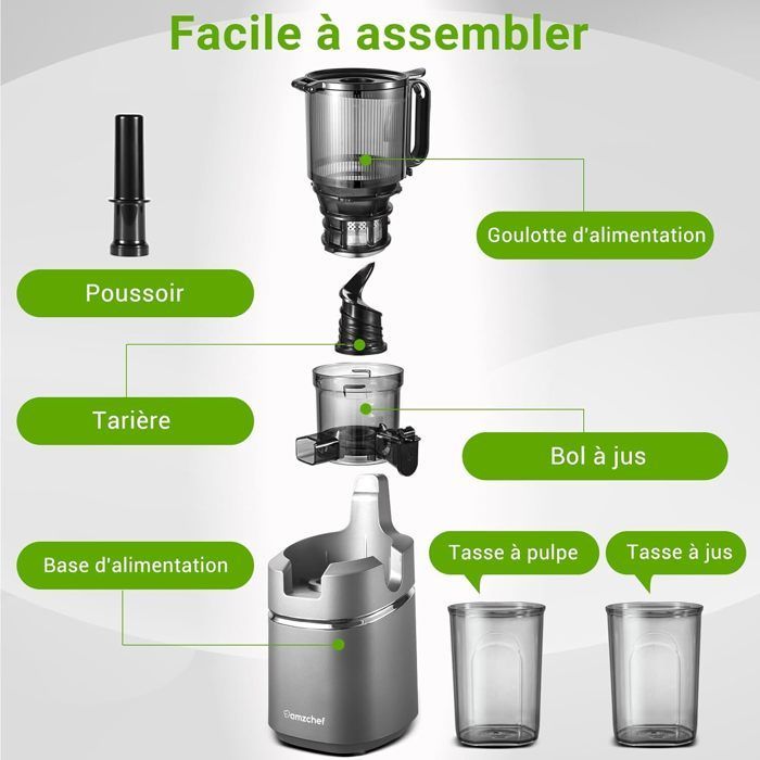 AMZCHEF Powerful Juicer for Whole Fruits, 135mm Wide Feed Chute, Cold Press, 250W, 1.8L Capacity, Grey