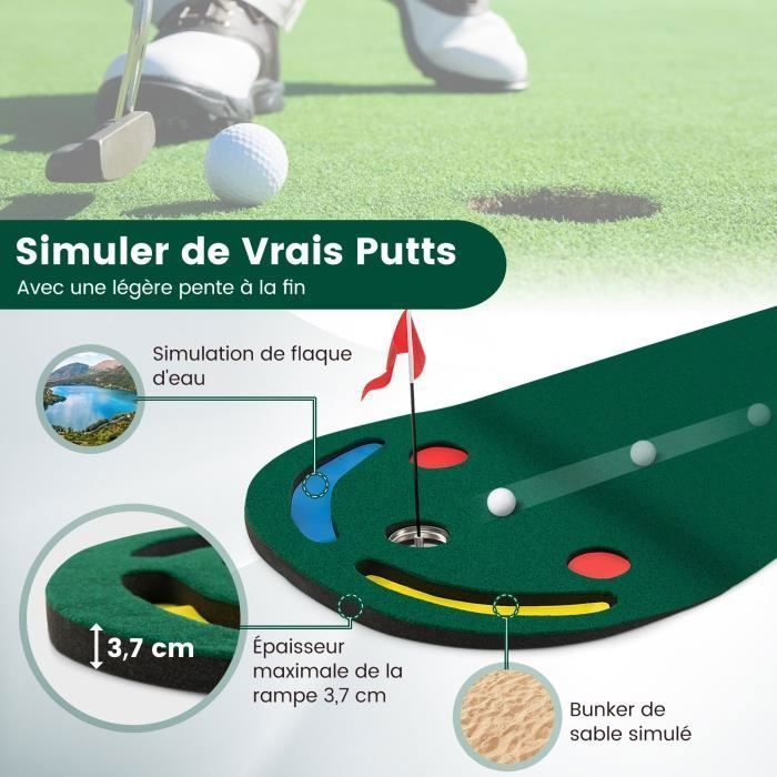 Tapete portátil para practicar golf - COSTWAY - 300 x 96 cm - Superficie True-roll - 3 hoyos - 2 obstáculos