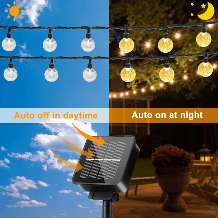 Guirnalda de luces solares para exteriores, 8 m, 50 LED, luces para exteriores e interiores con 8 modos, guirnalda de luces de cristal impermeables.