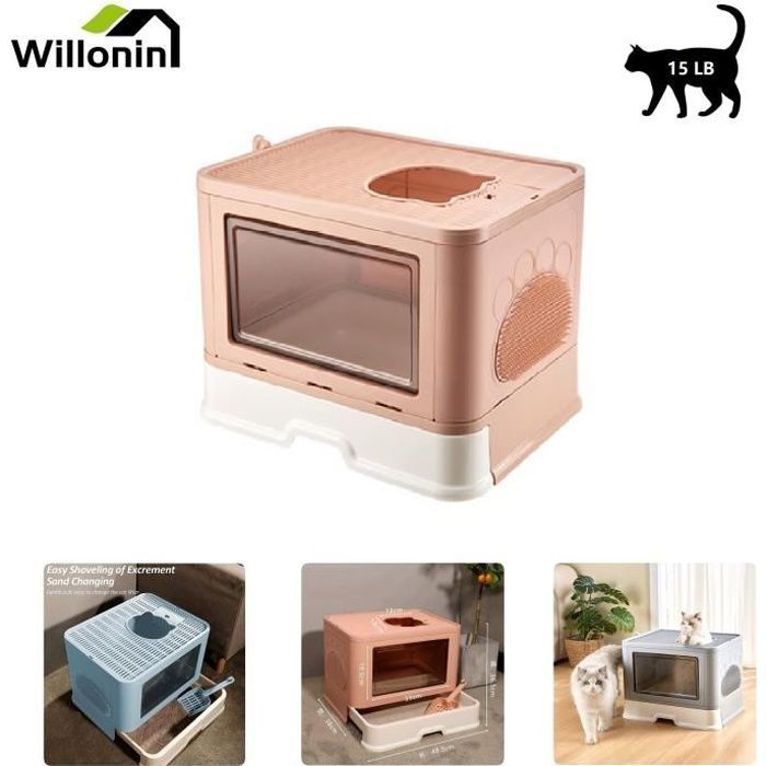 Willonin® Folding Cat Litter Box, Portable Toilet House with Massage Brush and PP Scoop, Pink 48.5x36.5x38 cm