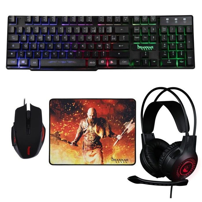 Pack de périphériques gaming - KONIX - Drakkar 4 en 1 - Clavier AZERTY - Rétroéclairage LED - Dual jack USB