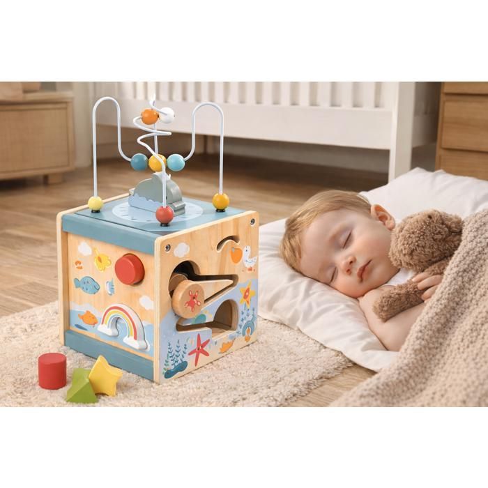 Montessori Activity Cube - 5-in-1 Beach Cube - 5 Activities - Natural Wood - From 12 Months
