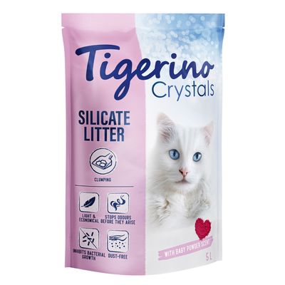 Litieră aglomerantă pentru pisici Tigerino Crystals – parfum de pudră pentru bebeluși
