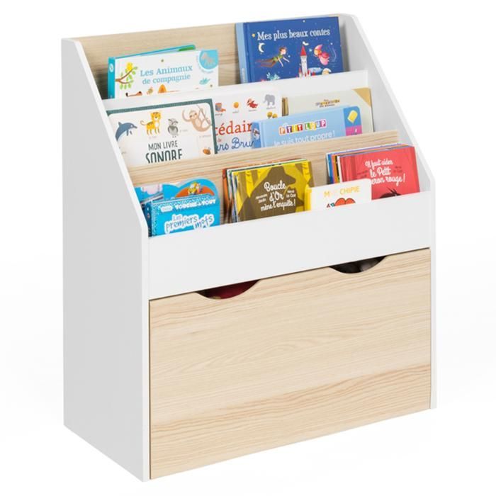 Estantería infantil IDMARKET MANA con 3 estantes y 1 cesta, con ruedas, color blanco y haya.
