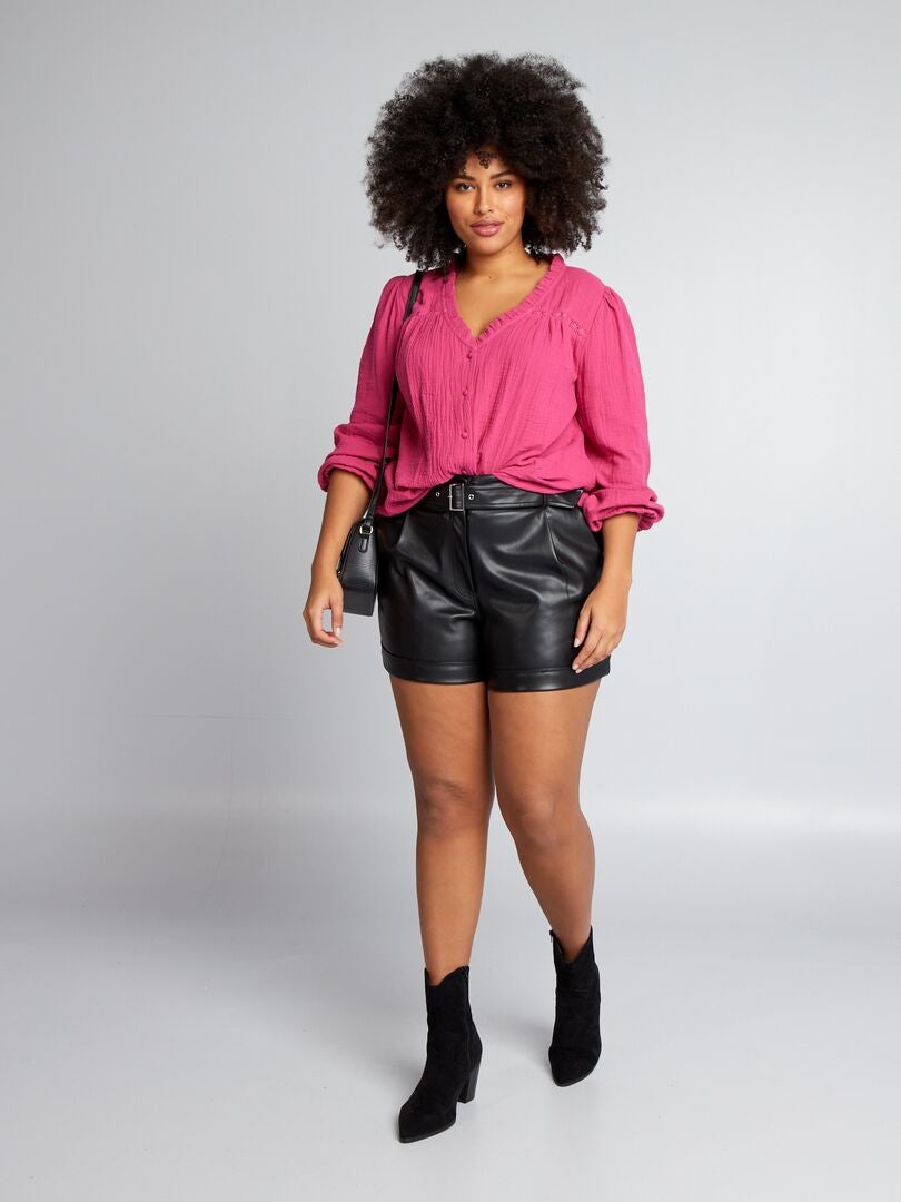 Blouse van katoenen gaas met rucheskraag - ROZE