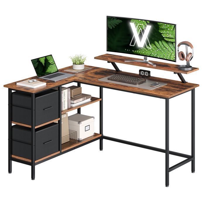 Bureau, Forme en L, avec 2 Tiroirs Spacieux et Support pour Écran, Étagère Réglable, Longueur 135 cm, pour Bureau, Marron Rustique