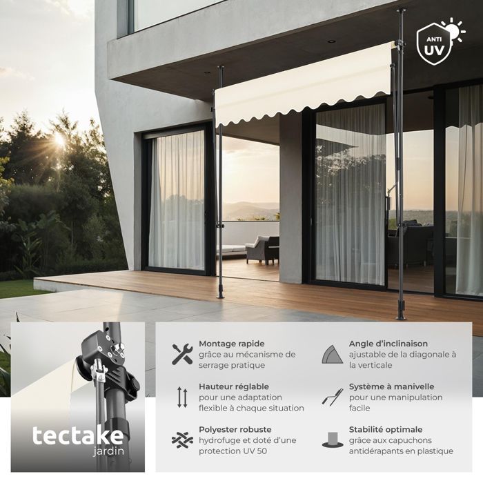 Tenda da giardino - TECTAKE - Tenda a clip senza foratura, con manovella per la regolazione dell'altezza - Beige - 250 x 180 cm