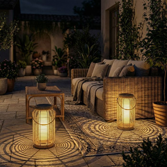 Set of 2 Solar Outdoor Floor Lamps - Garden Lamps - Outsunny - Automatic On/Off - Woven Resin - 18x18x37cm - Sand