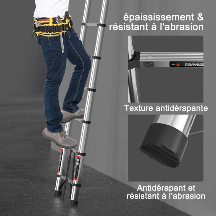 The 4.4-meter telescopic ladder is foldable, has 2 hooks, is a multi-purpose ladder, and has a maximum load capacity of 150 kg.