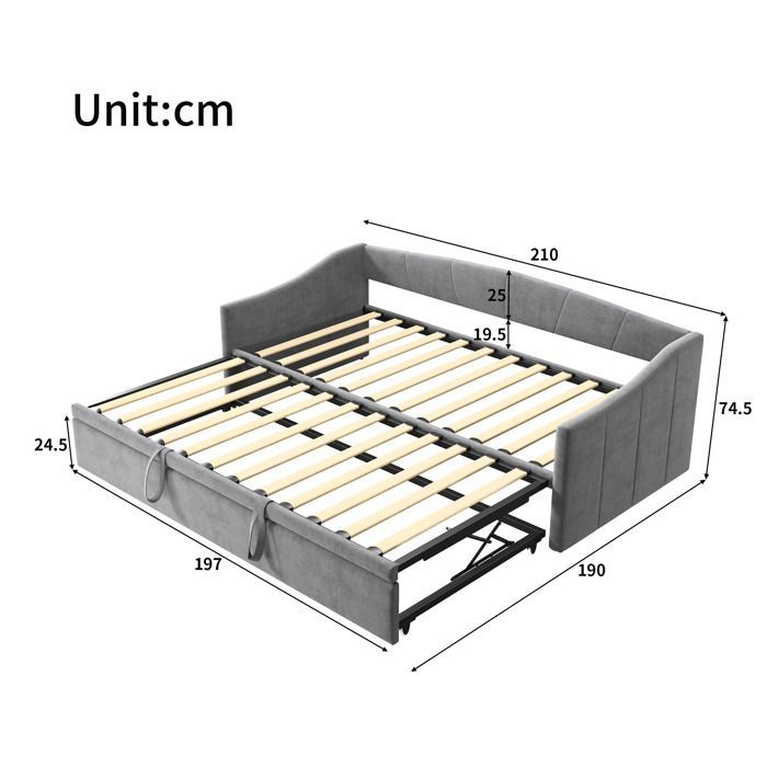 Cama tapizada de 90×200 cm, sofá cama extensible de 90/180×200 cm con somier de láminas, cama multifuncional en tela de terciopelo, gris.