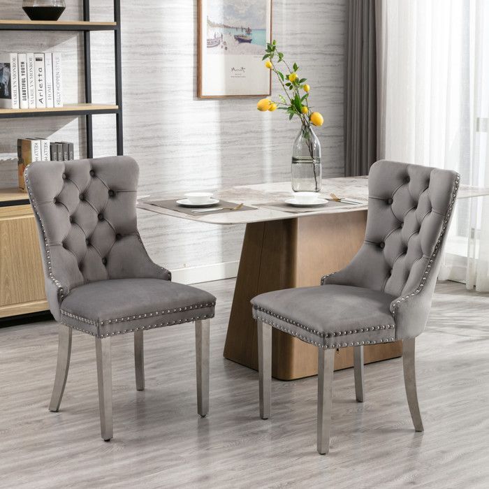 Chaise de Salle à Manger en Velours Contemporaine - Lot de 2 Chaise Rembourrée - Garniture Cloutée, Gris et Chrome