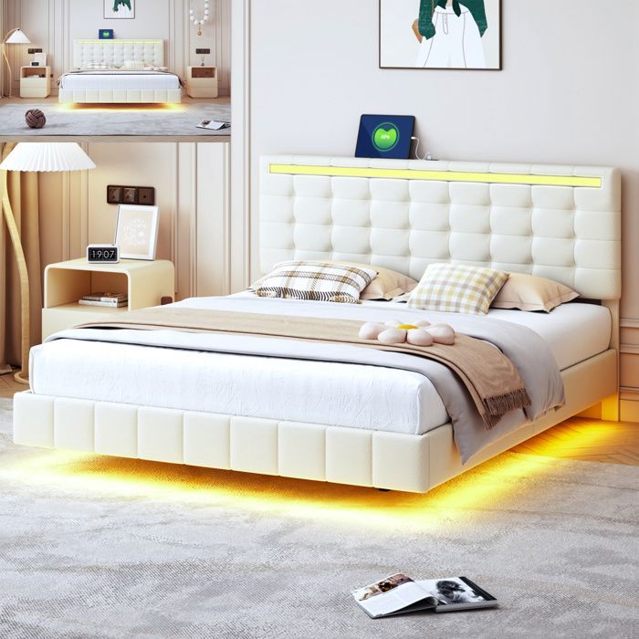 Cama doble de 140x190 cm - NMONET - LED - USB - Tapizado en lino beige - Estilo moderno