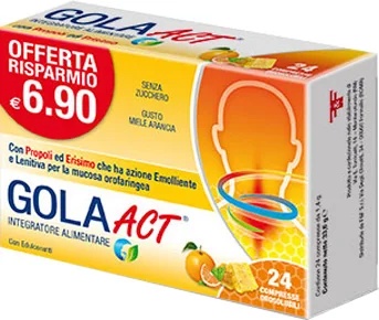 F&F Gola Act Voedingssupplement voor de keel met honing- en sinaasappelsmaak. 20 smelttabletten met honing-sinaasappelsmaak.