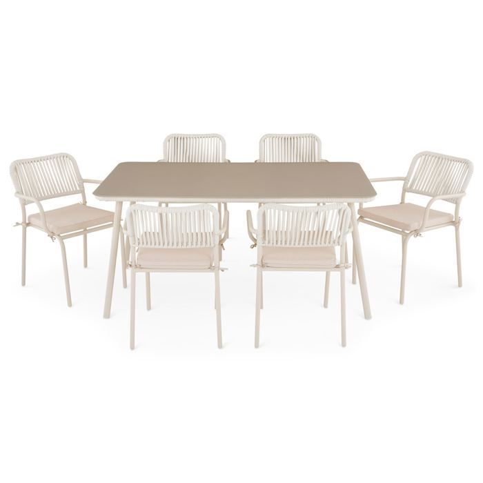 Mesa de jardín VOLONTE color beige con 6 sillas para 6 personas, tablero de cristal templado y estructura de aluminio.