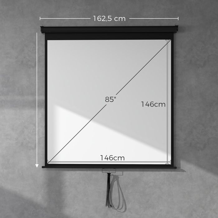 Pantalla de proyección HOMCOM de 85 pulgadas para cine en casa, 1:1, 4K HD, montaje en pared/techo, acero, 162,5 x 8 x 162 cm, color negro.