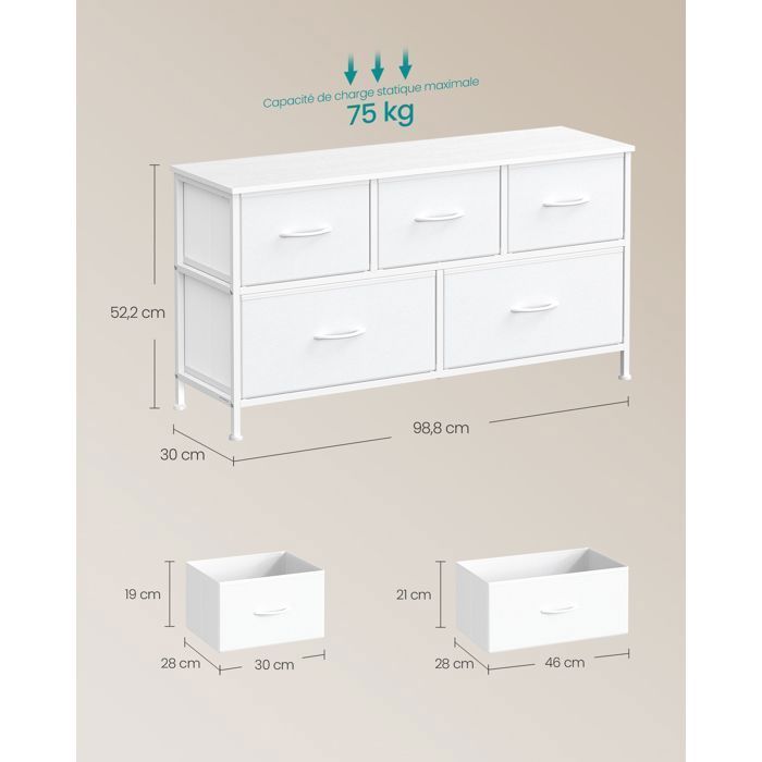 Cómoda de 5 cajones - SONGMICS - Blanco nube y blanco nieve - Versátil - Resistente - Fácil montaje
