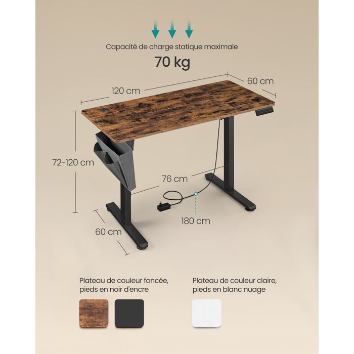 Elektrisch verstelbaar zit-sta bureau - SONGMICS - 60 x 120 cm - 4 programmeerbare hoogte-instellingen - Rustiek bruin en zwart