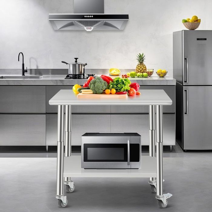 Table de Travail - INOX - 91x61x90cm - 2 Étagères - Roulettes - Réglable