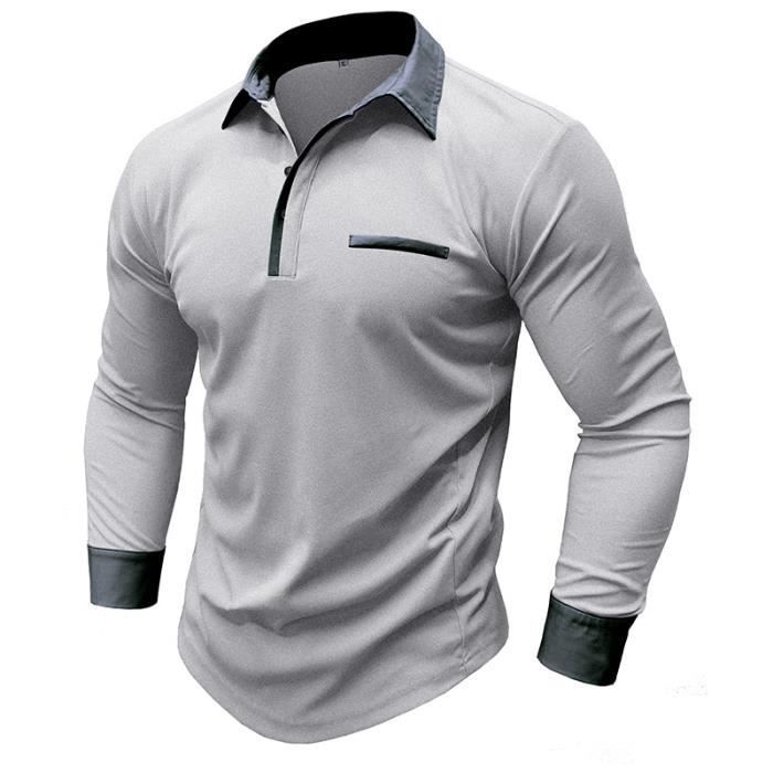 Men's Regular Fit Contrast Long Sleeve Polo Shirt for Spring and Autumn - EU Size - Light Grey