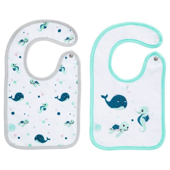 Babycalin - 2 baberos orgánicos con estampado marino para recién nacidos - Baberos con cierre a presión 17x29 cm