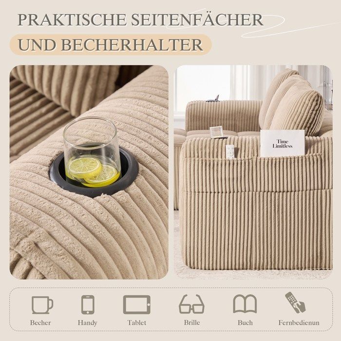 Modular 3-Seater L-Shaped Convertible Sofa with Cup Holders, Corduroy Corner Sofa Bed with 3 Cushions, Khaki