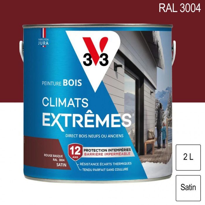 Holzfarbe für den Außenbereich, geeignet für extreme Klimazonen, RAL 3004 Baskischrot seidenmatt, 2 l, V33