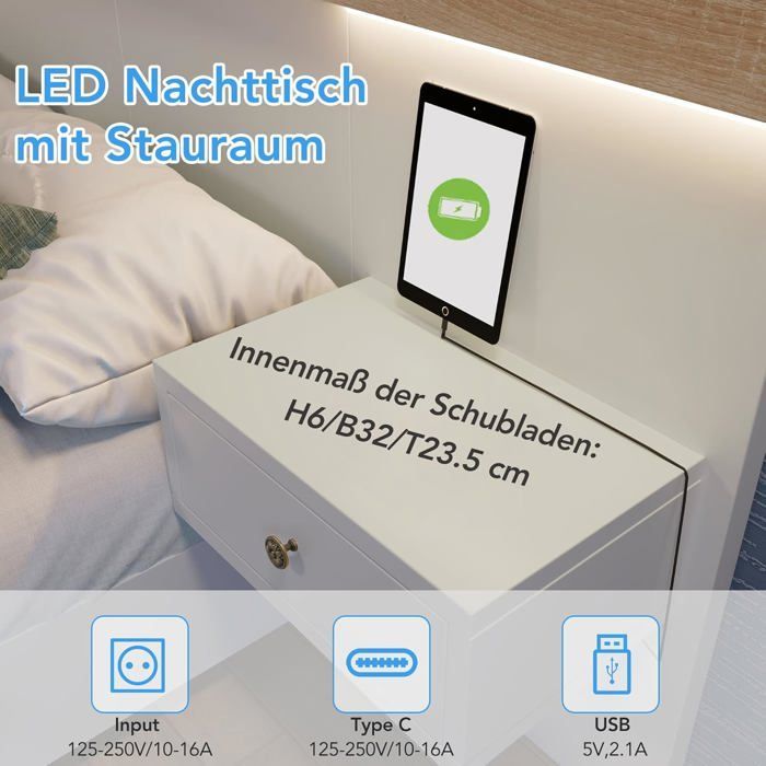 NEW - Double bed, adult size 160x200 cm, with 2 LED bedside tables and USB-C interface, wood, white and oak. COMPLETE BEDROOM SET