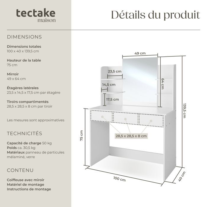 Penteadeira - TECTAKE - CAMILLE, com gaveta e 4 compartimentos, 100 x 40 x 139,5 cm - Branca