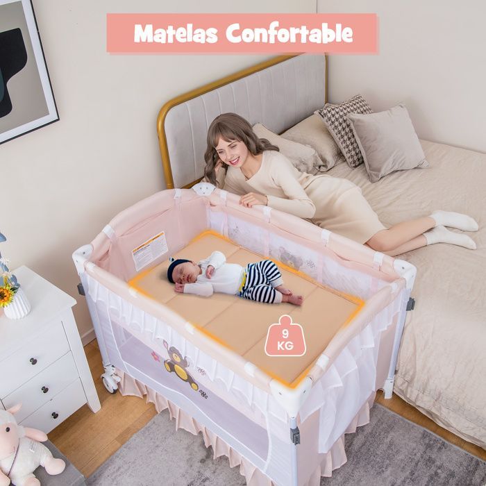 Cuna de viaje plegable 4 en 1 para bebé COSTWAY - Colchón, mosquitera, cambiador - 2 ruedas - Caja de música, 3 juguetes - Rosa