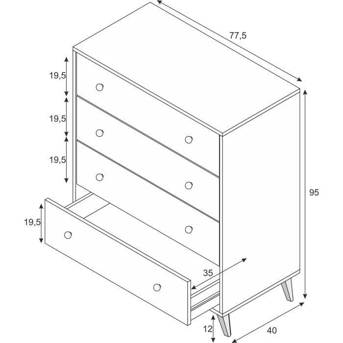 Commode SWEET  4 Tiroirs - Décor blanc - L 77.5 x P 40 x H 95cm