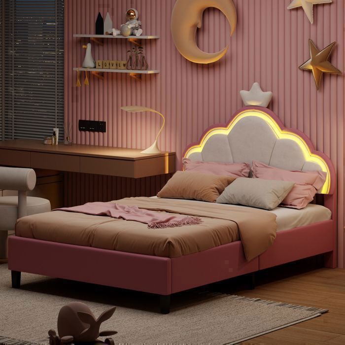 Cama infantil - EIFSON - Cama princesa - 90x200cm - LED - Flanela - Rosa