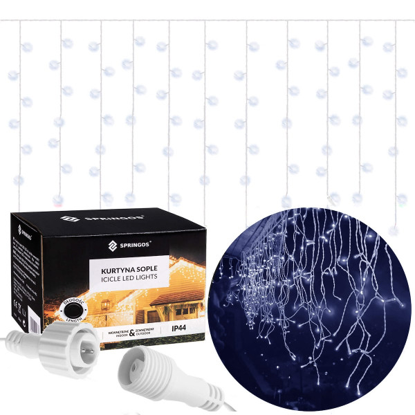 Kurtyna świetlna 300 led lampki zewnętrzne sople zimny biały