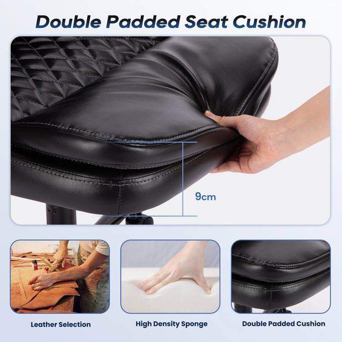 Silla de oficina ergonómica de cuero con altura ajustable, respaldo reclinable y cómodos reposabrazos (negra).