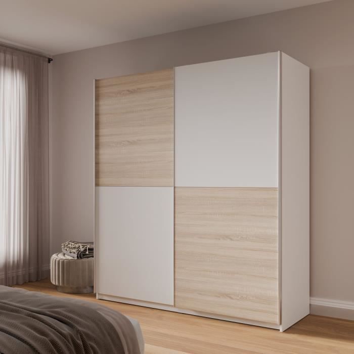 Kledingkast met 2 schuifdeuren - Spaanplaat - Eiken en witte afwerking - B 170,3 x D 61,2 x H 190,5 cm - ULOS