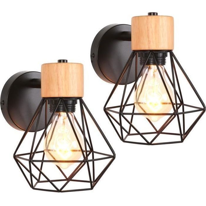 Conjunto de 2 arandelas industriais de parede para interiores TOKIUS, com design em gaiola de metal e madeira, estilo retrô, soquete E27, ideais para quarto, corredor e sala de estar, na cor preta.