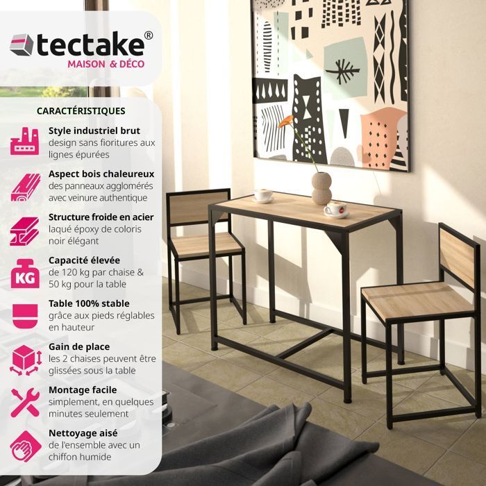 Mesa de comedor con sillas - TECTAKE - MILTON, conjunto de comedor de 2 plazas estilo industrial vintage - Madera clara
