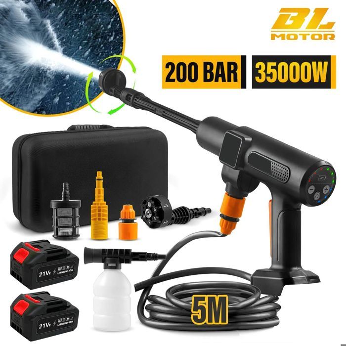 Idropulitrice a batteria ad alta pressione, max 200 bar, con 2 batterie, ugello girevole a 180° 6 in 1, tubo flessibile da 5 m, per pulizia e irrigazione.