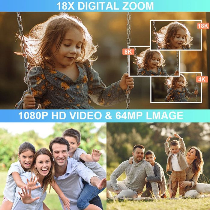 Câmera digital 4K, câmera compacta portátil de 64 MP, cartão de 32 GB, tela LCD de 2,4