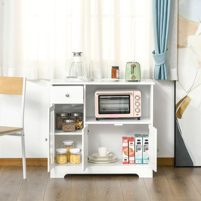 Microwave cabinet - HOMCOM - kitchen sideboard, tempered glass and wood storage cabinet - wood - 90x40x82cm - white