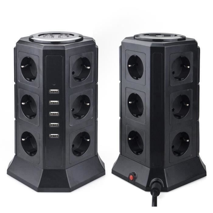 Multipresa a torre BLEOSAN con protezione da sovratensione, 12 prese e 5 porte USB (4,5 A) - Cavo da 2 m - Nera
