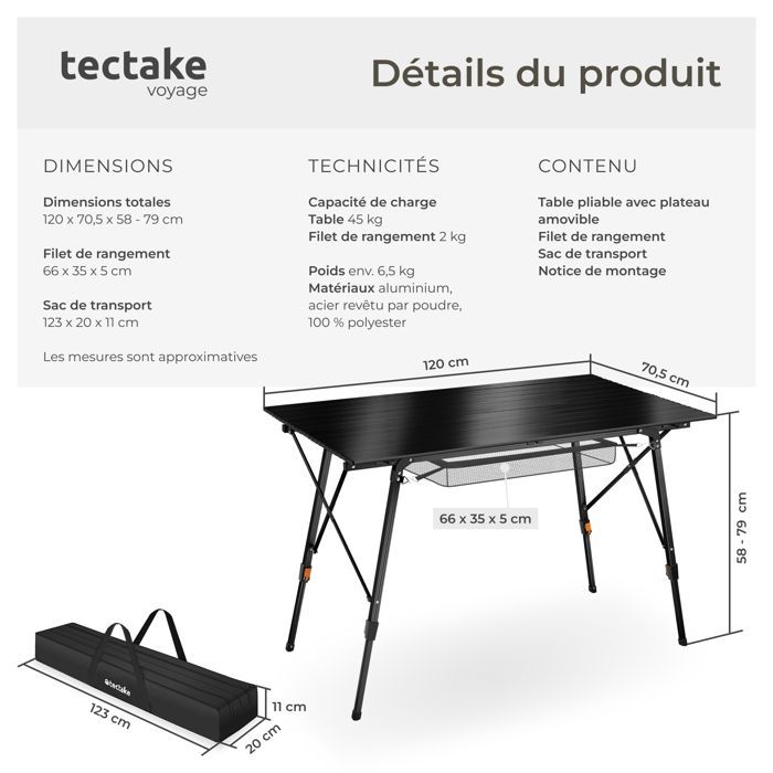 Mesa de camping - TECTAKE - Mesa plegable BASTIAN de aluminio resistente a la intemperie, altura regulable, 120x70,5x58-79cm - Negra