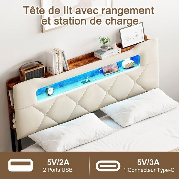 Complete slaapkamerinrichting voor volwassenen, bestaande uit een bedframe van 160x200 cm, een tweepersoonsbed, een opbergbed van 160x200 cm, een LED-bed van 160x200 cm, een USB-poort, opbergruimte, LED-verlichting, 4 lades, fluweel en beige.