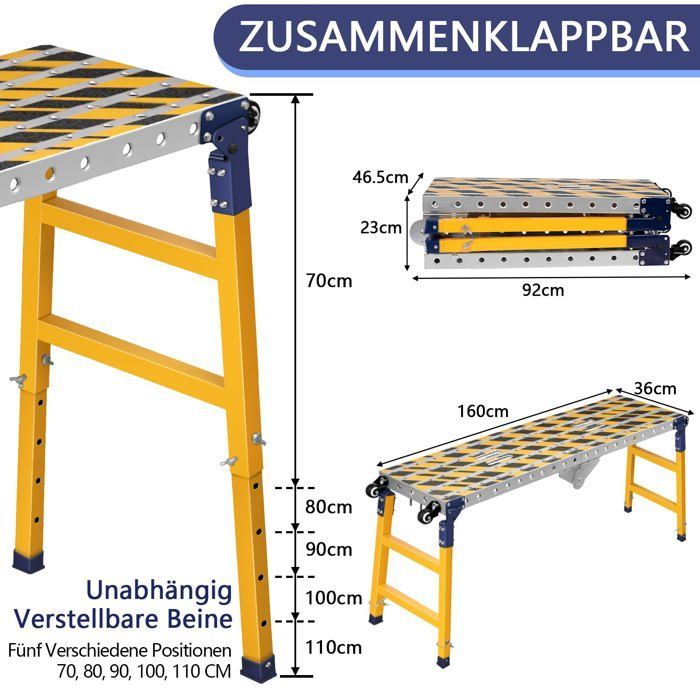 Klappbare Werkbank, klappbarer Arbeitstisch, 160 x 36 cm Arbeitsfläche, höhenverstellbar 70–110 cm, maximale Tragkraft 500 kg, tragbar